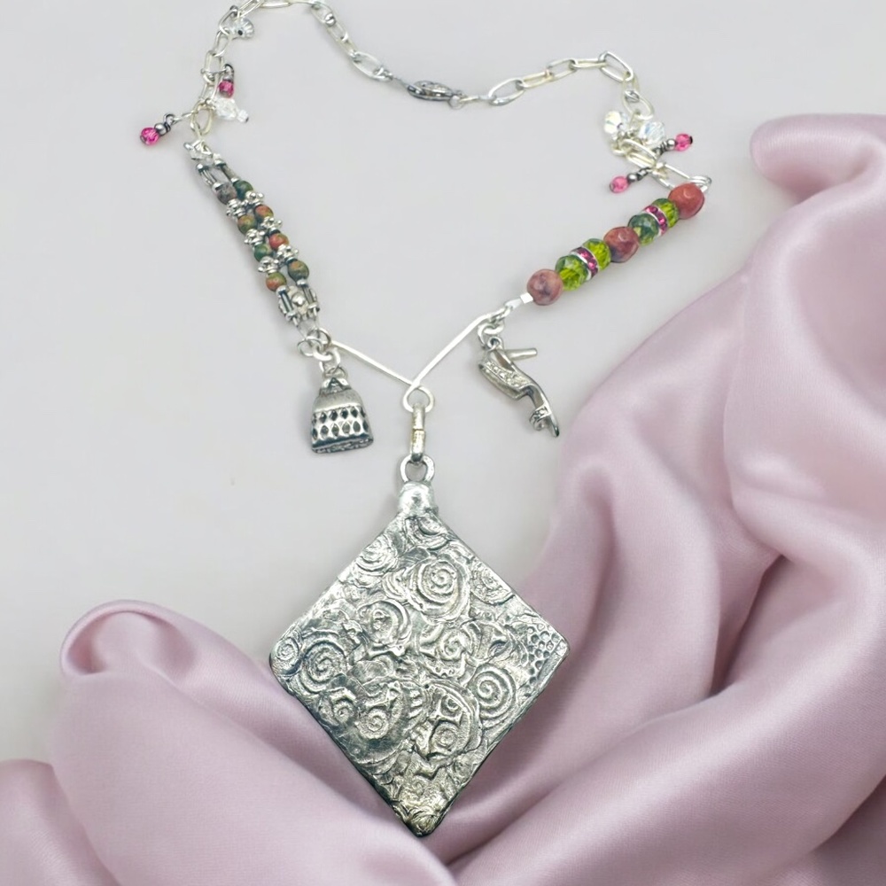 Tiny Art Canvas Silver & Glass Pendant w/ Unakite & Pink Jasper Artisan Necklace - Picture 5 of 17